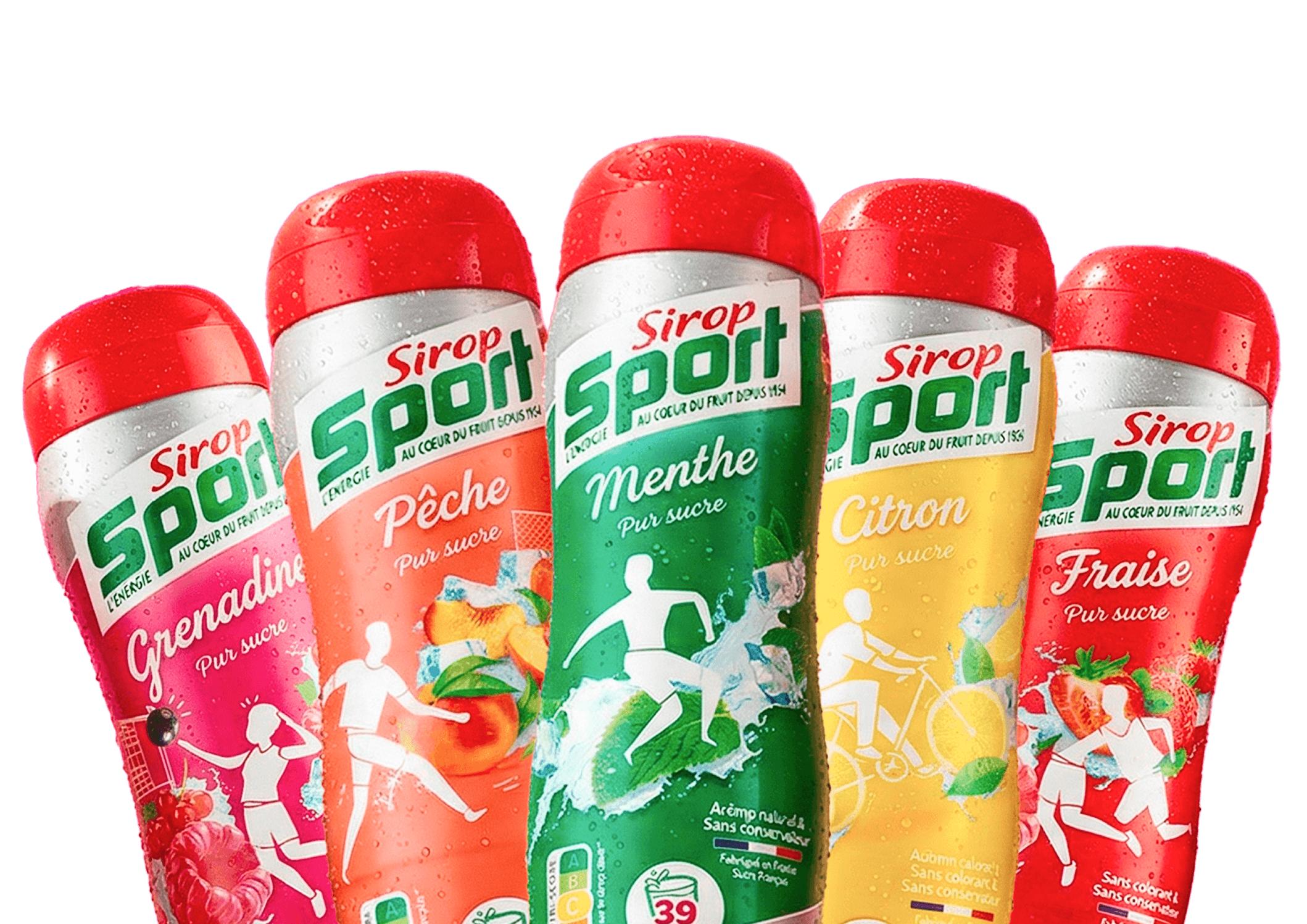 Gamme complète des 8 parfums de sirop Sirop Sport présentés en éventail